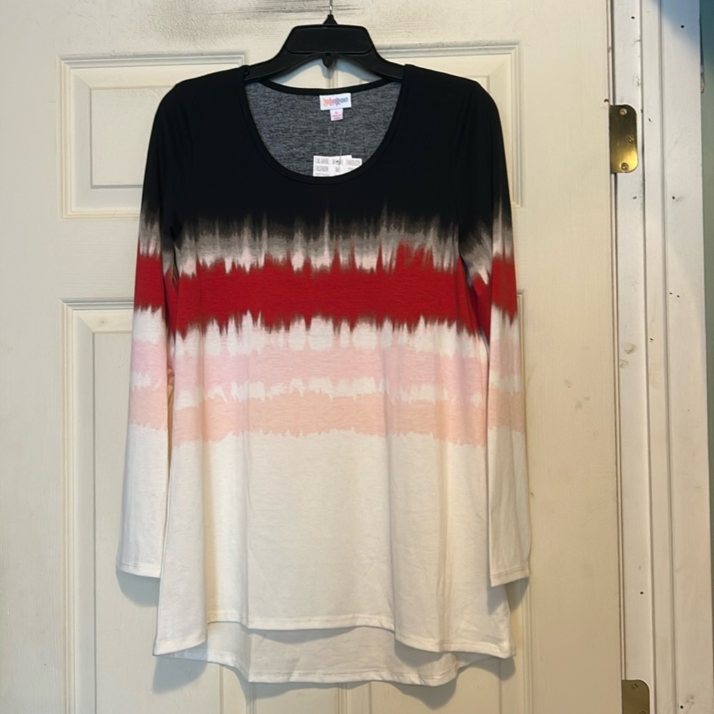 LulaRoe Black Red and White Tie Dye Ombre Pattern Long Sleeve Top Size Small